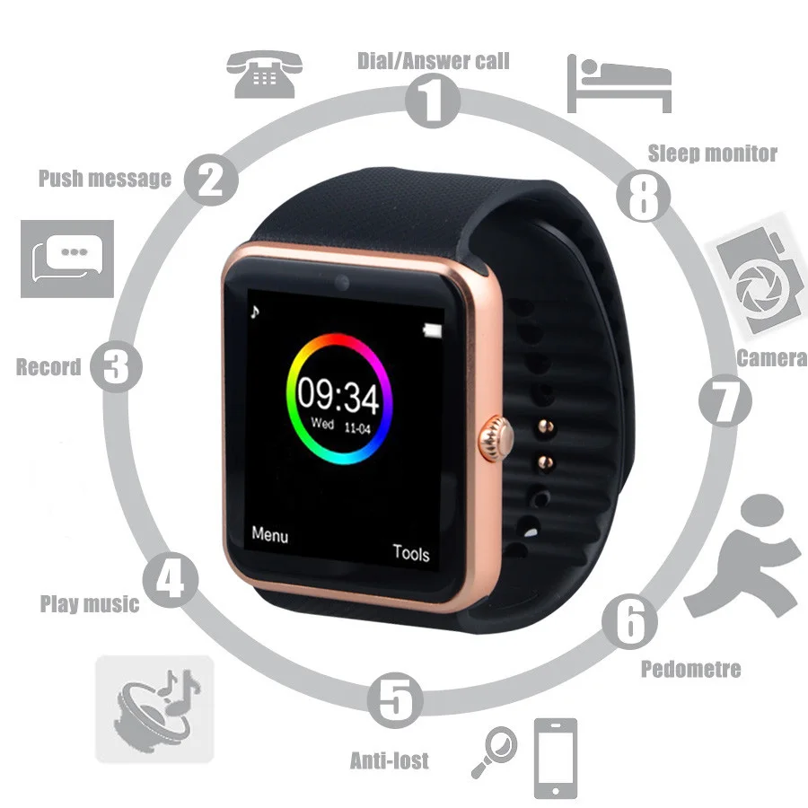 Смарт часы GT08 для мужчин и женщин модные наручные на базе Android с камерой SIM TF