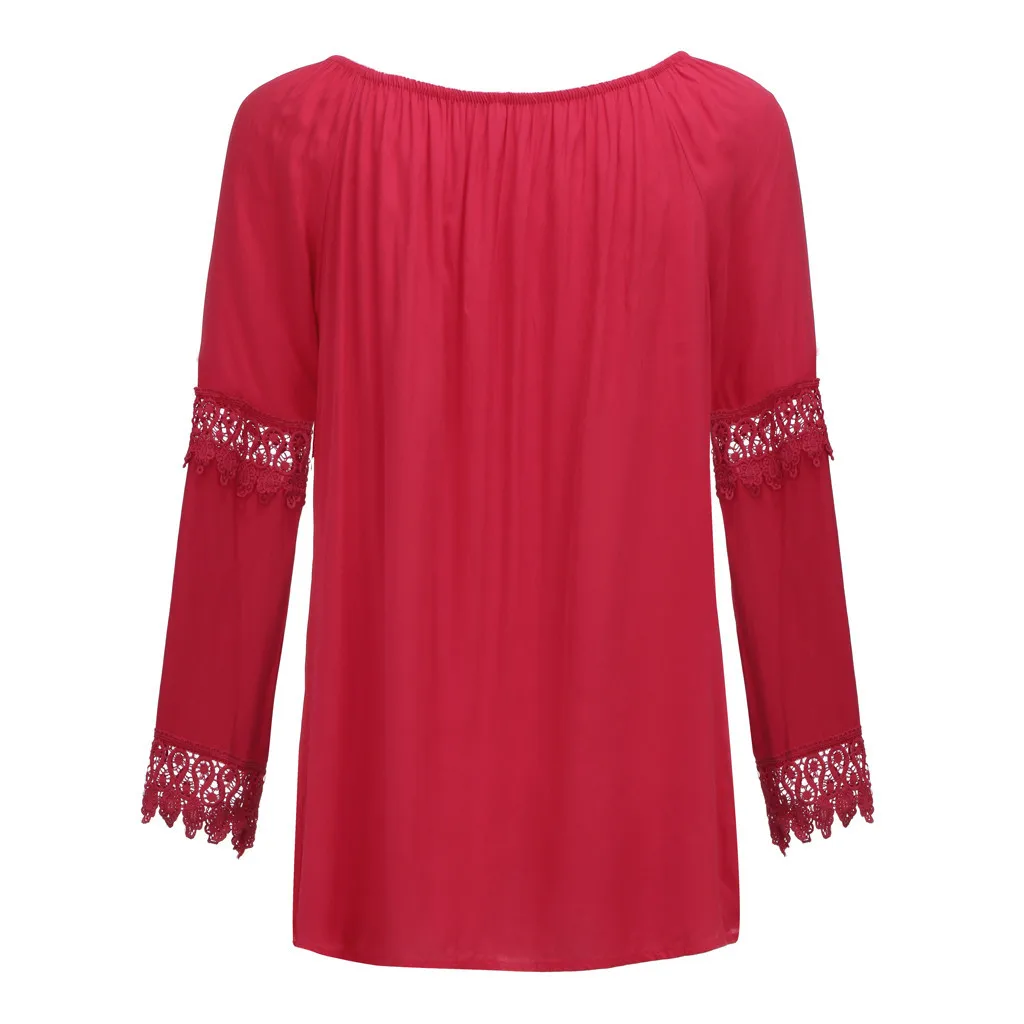 Размера плюс S-5XL Женские топы с открытыми плечами Boho одноцветные женские сексуальные кружевные с длинным рукавом Блузка Топы Свободного Покроя blusas mujer de moda