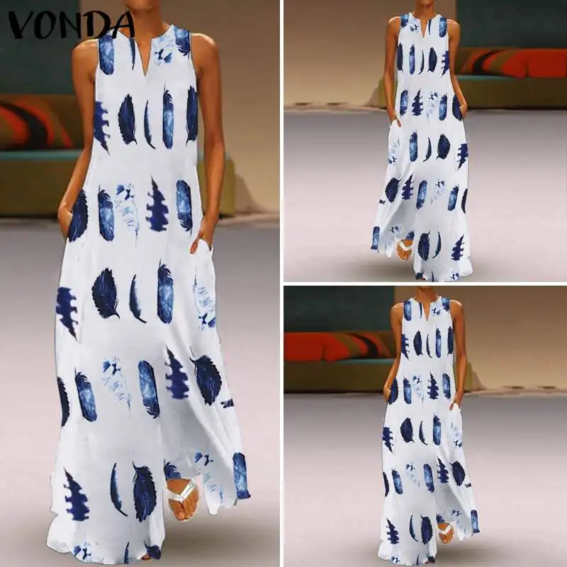 VONDA, женское богемное платье с цветочным принтом, повседневное, свободное, длинное платье макси, сексуальное, без рукавов, Vestidos, летний сарафан размера плюс, 5XL