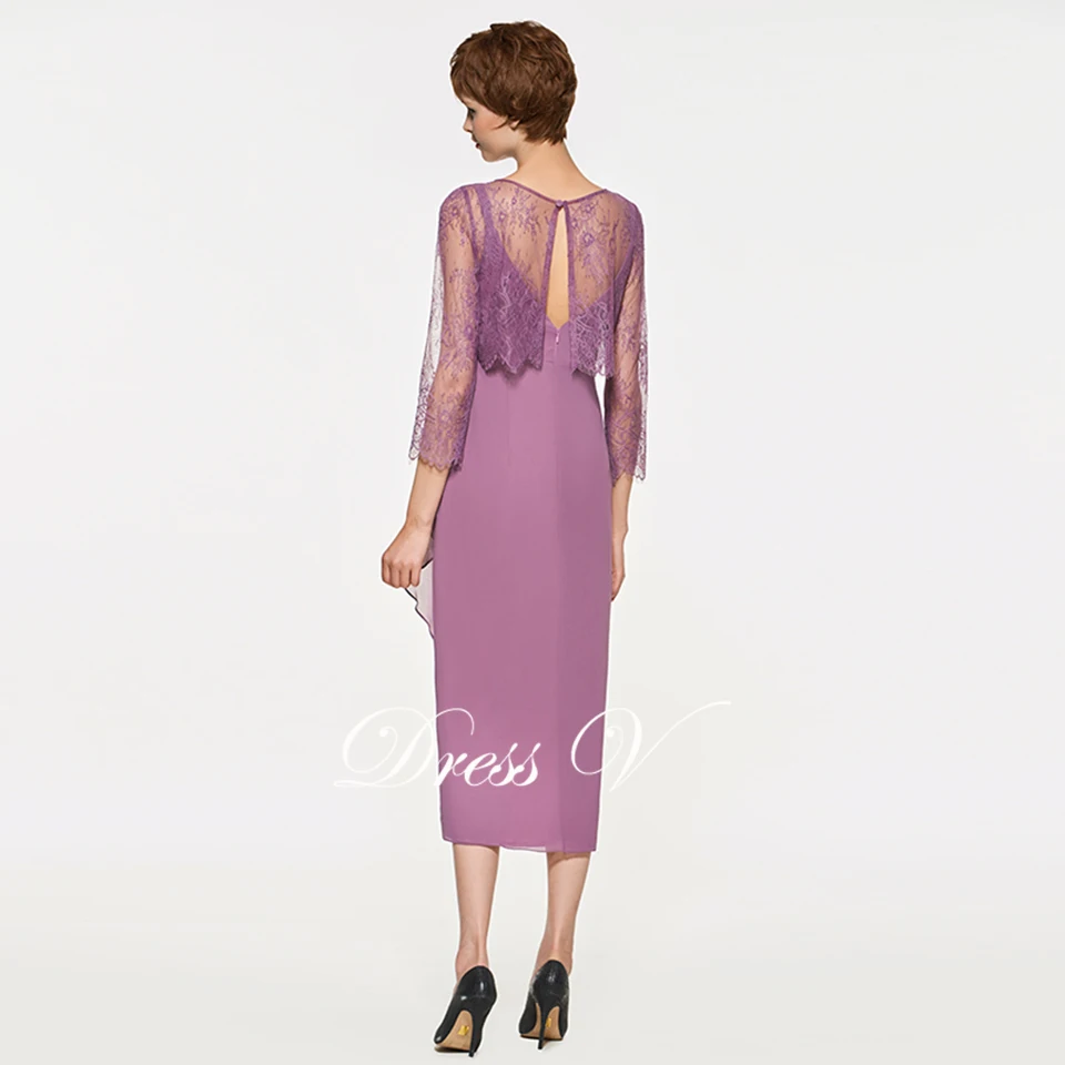 Dressv фиолетовый чай Длина Совок шеи оболочка мать невесты платье с 3/4 рукавом Кнопка длинное Мать вечернее платье на заказ