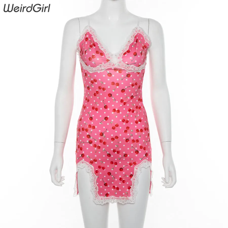 Weirdgirl women lace up cherry dot print sexy dress slip slit cute girl pink vestidos sleeveless v-neck bodycon femme short mini