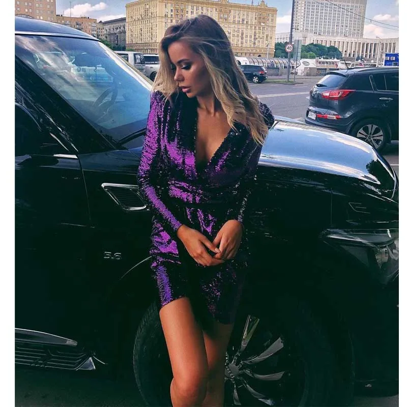 Wholesale 2019 new dress Purple long sleeve V-neck Sequin Sexy Night club celebrity Cocktail party Dress(H2660) | Женская одежда