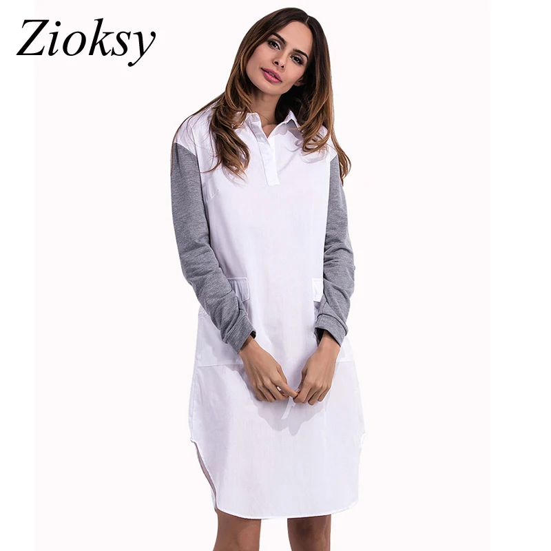 Zioksy Новинка 2017 Осень женские модные белые платья карманы Лоскутная серая рубашка