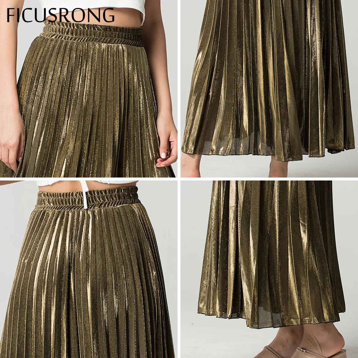 Spring Skirts Golden High Waist Slim Pleated Skirt Women's Simple Autumn A-line Streetwear Beach FICUSRONG | Женская одежда
