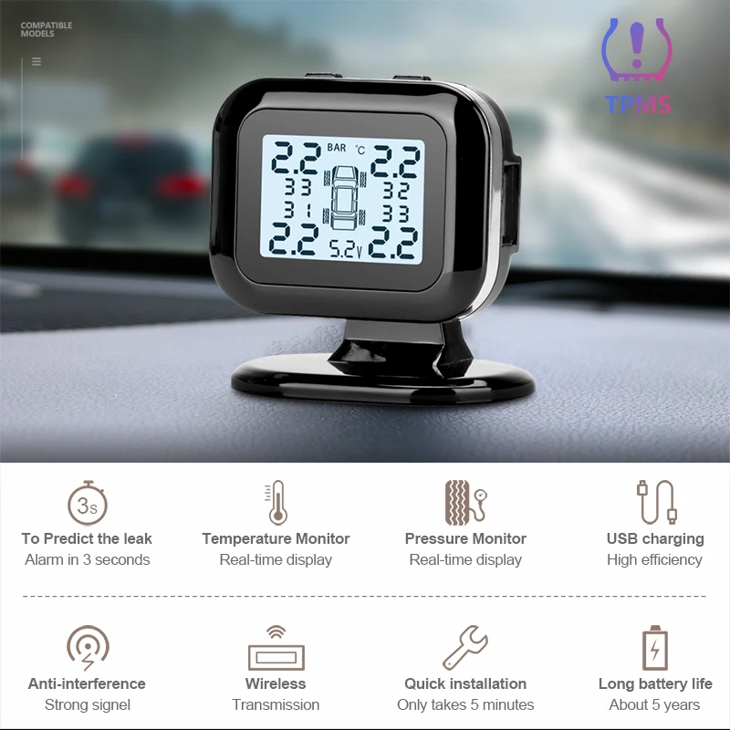 Jansite Автомобильная TPMS система контроля давления в шинах цифровой дисплей с микро USB зарядным интерфейсом Автоматическая охранная сигнализация s