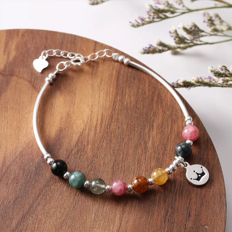 Tourmaline Bracelet S925 Pure Silver Original Handmade Water Crown Round Brand Sweet Jewelry with Box | Украшения и аксессуары