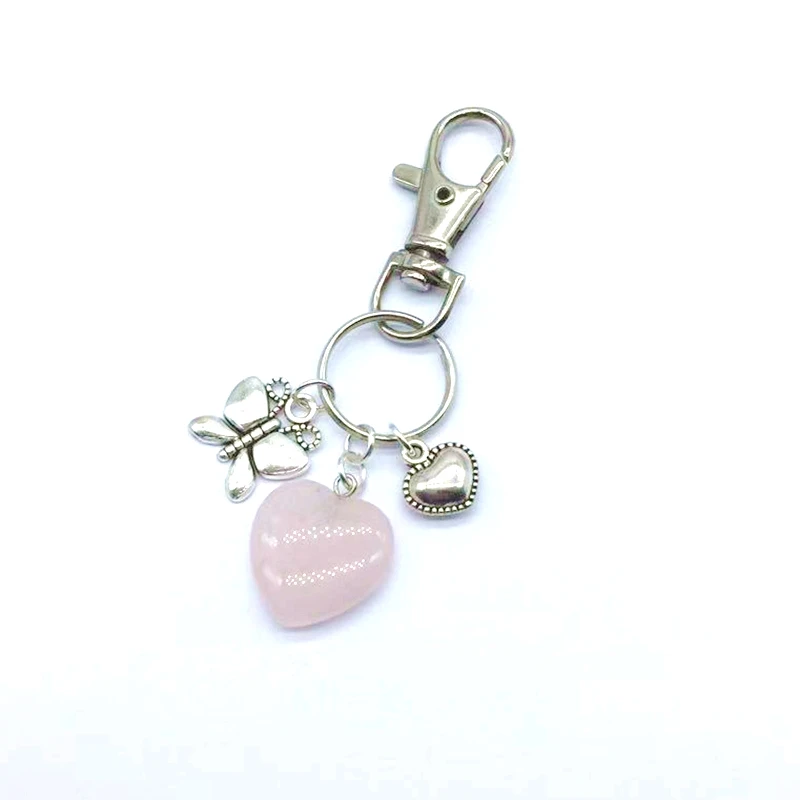rose quartz Натуральный камень брелок для ключей с сердцем Шарм кулон подарок брелок держатель ручной работы женские ювелирные аксессуары Прямая - Окраска металла: rose quartz