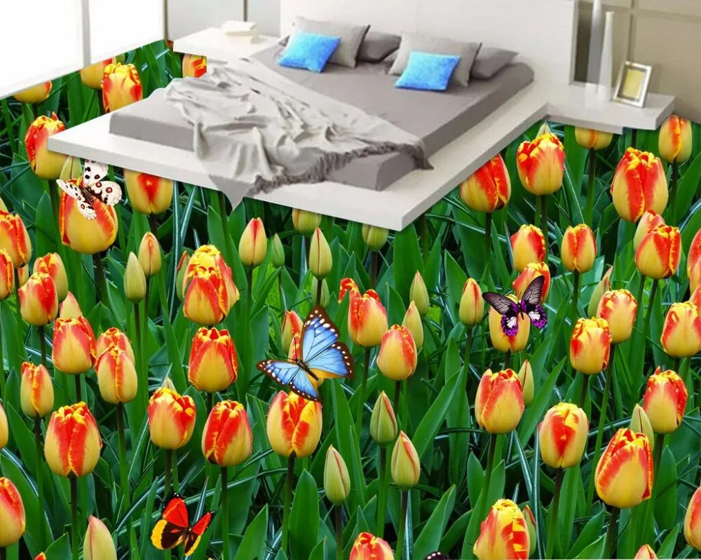 

Custom mural 3d flooring picture pvc self adhesive wallpaper Tulip Flower Butterfly decor painting 3d wall murals wallpaper