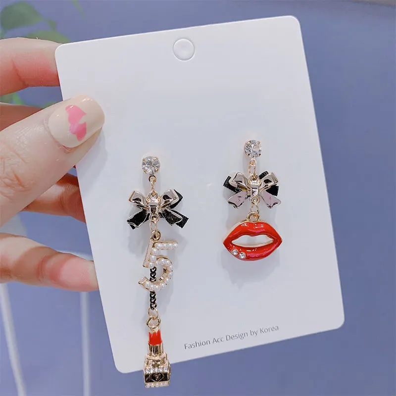 

Korean Fashion Red Lipstick Drop Earrings Rhinestone Pearl Letters 5 Asymmetrical Bow Woman Earrings