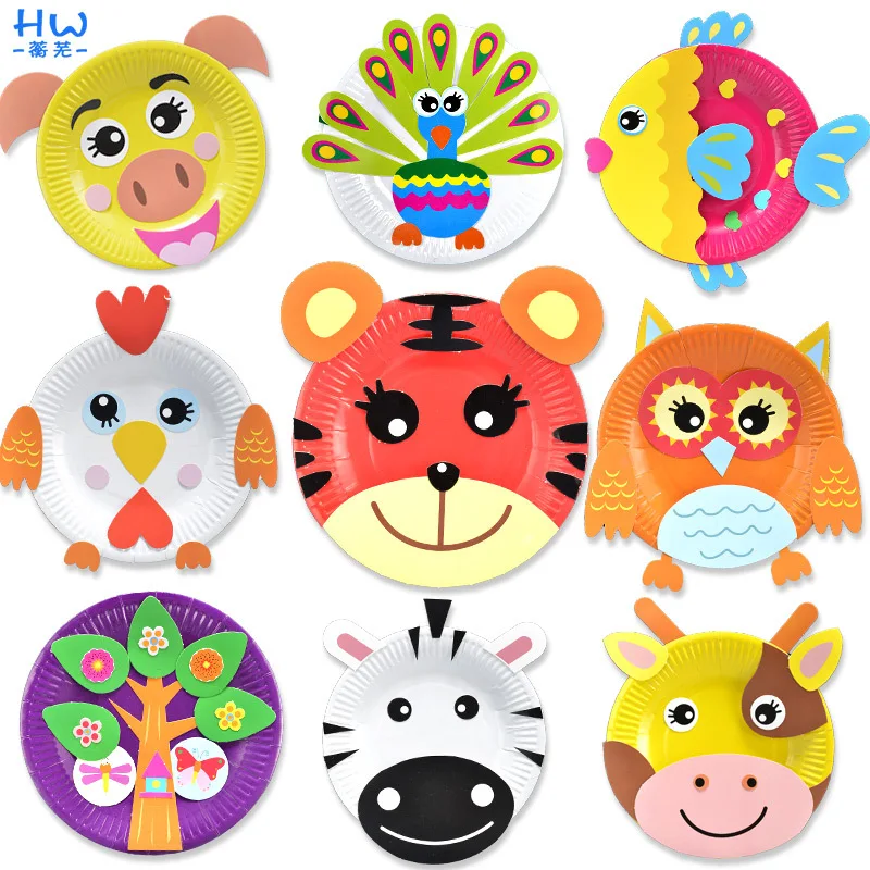 

10pcs kids DIY cartoon animals toys kindergarden handmade sticker colored paper plates educational toys