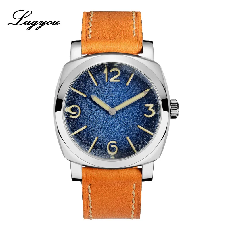 Arabic Blue Lugyou San Martin, автоматические мужские часы, винтажные, из нержавеющей стали, в форме подушки, кожаный ремешок, 200 м, водонепроницаемые, минеральные пузыри - Цвет: Arabic Blue