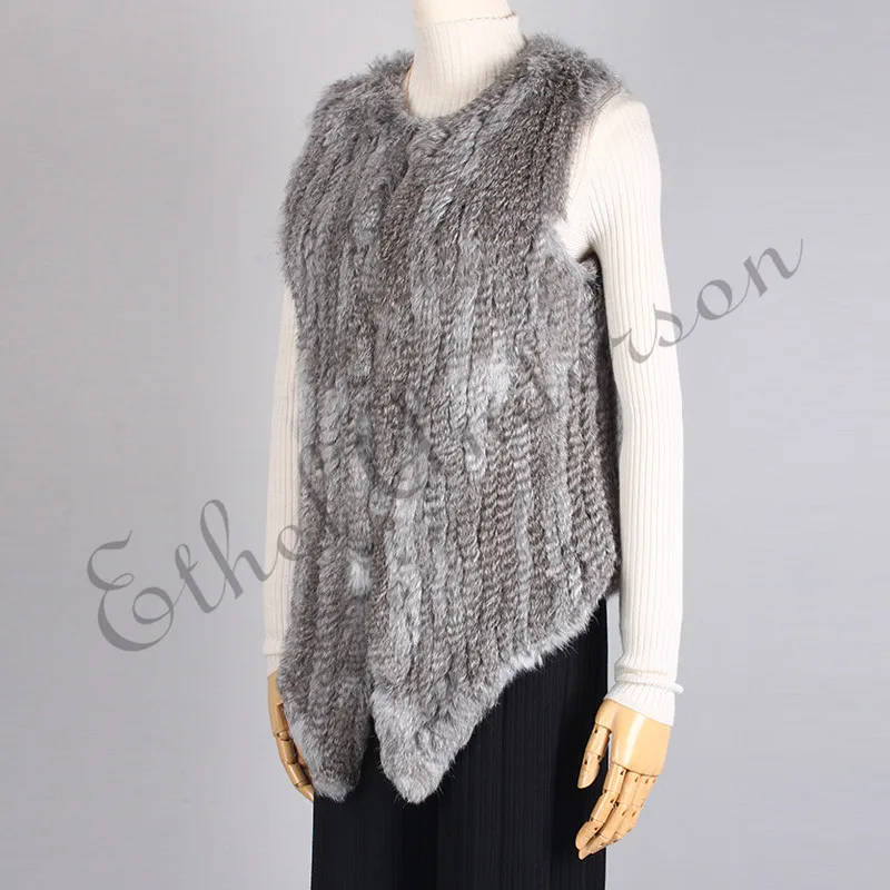Womens Rabbit Fur Gilet Waistcoat Winter Knitted Rabbit Fur Vest Turn-down Collar Fashion Rabbit Fur Jacket Overcoat
