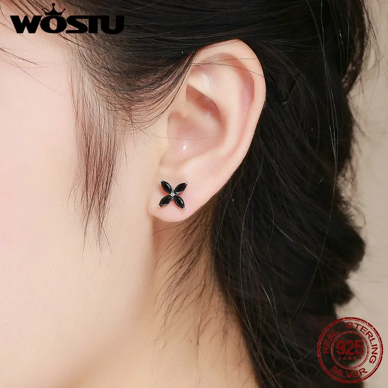 WOSTU 100% Настоящее серебро 925 пробы цветок черный CZ серьги гвоздики для женщин