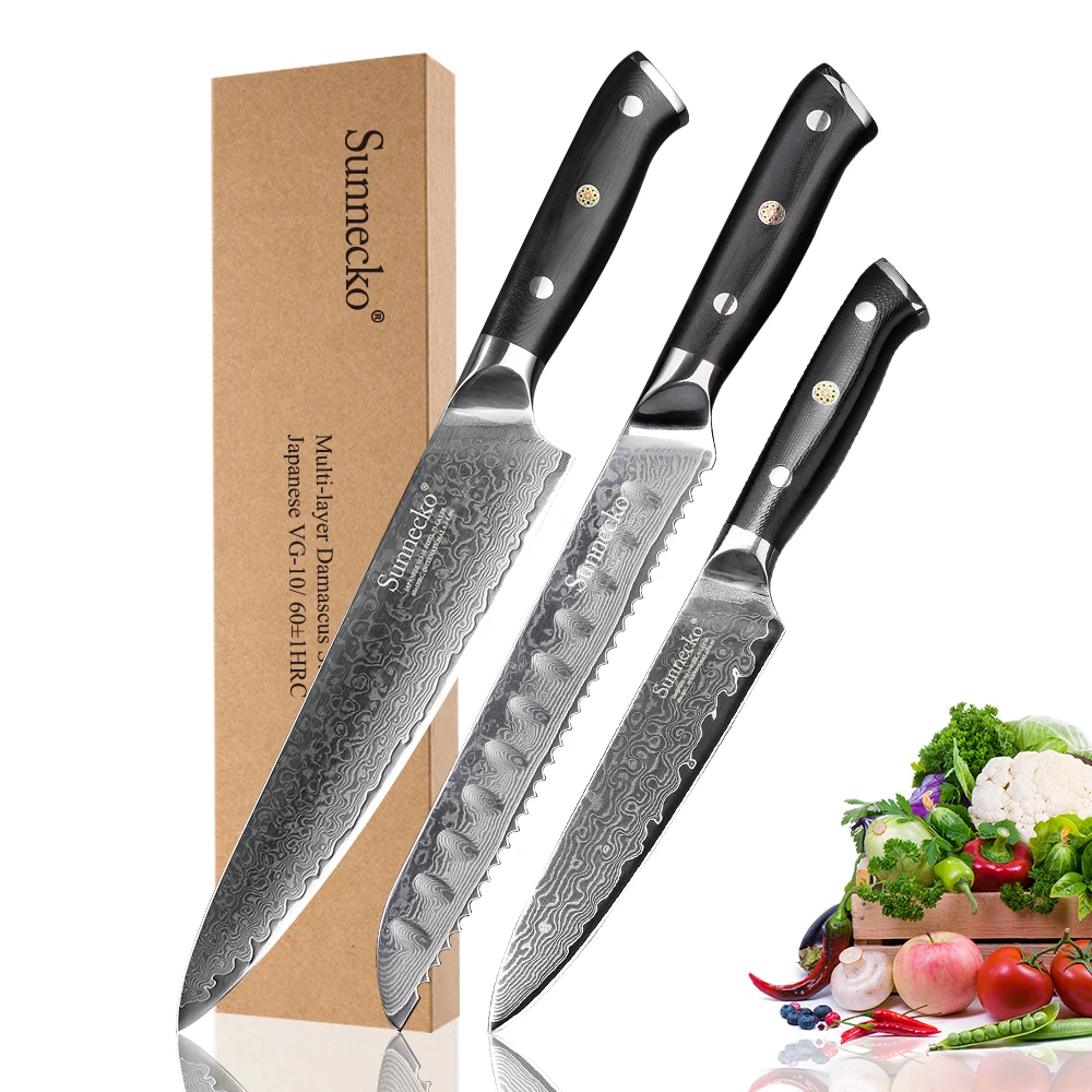 

SUNNECKO Высококачественный нож шеф-повара для хлеба Дамасская сталь японские VG10 кухонные ножи G10 Ручка 3 шт. набор кухонных ножей