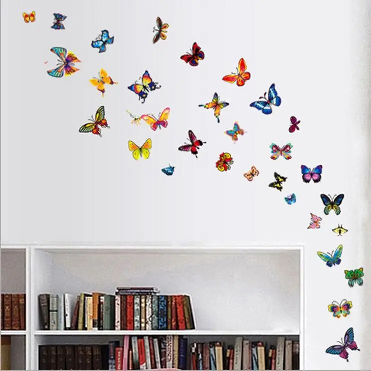 Милые Мультяшные 60 прозрачные Красочные бабочки съемные настенные наклейки ПВХ