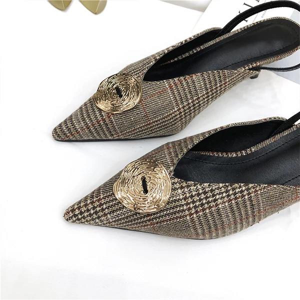 MONMOIRA металлические пряжки плед Slingback каблуки Женская обувь с острым носком Обувь