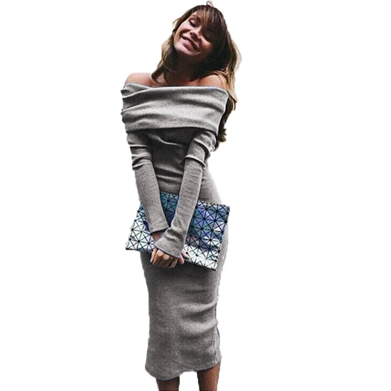 Платье JYConline женское вязанное с открытыми плечами по фигуре|slash neck|warm dresssweater dress |
