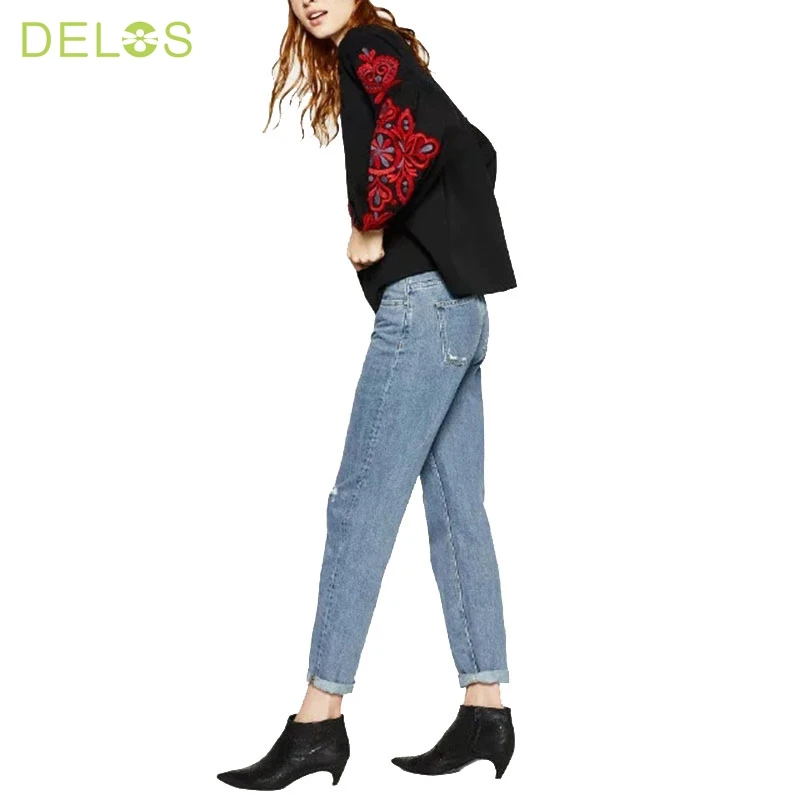 ДЕЛОС Геометрическая Вышивка Кисточкой Блузка Femme Кружева Дамы Свободные Черные