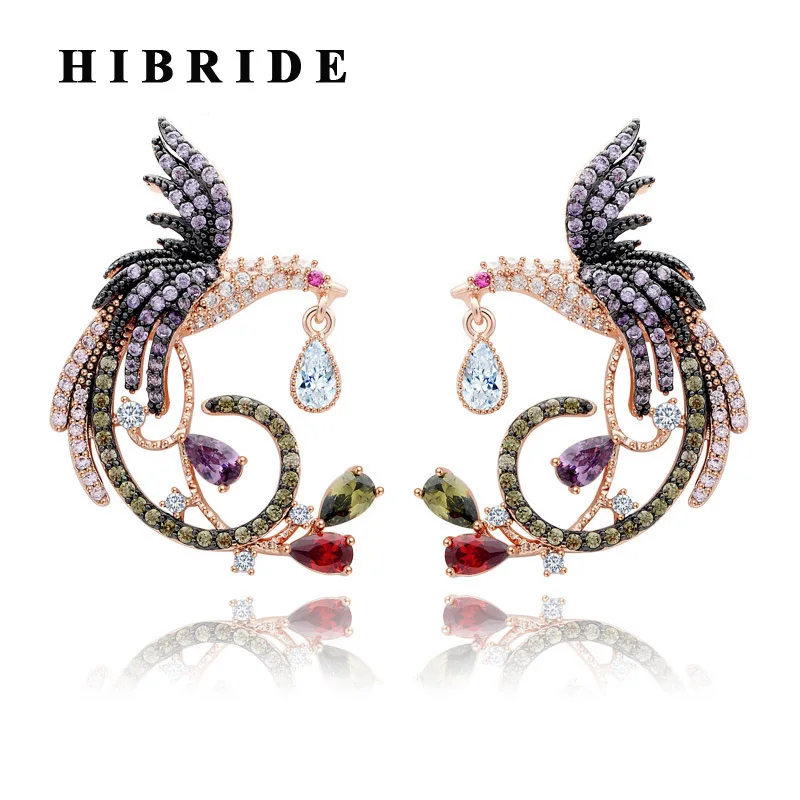 Женские серьги гвоздики HIBRIDE с Фениксом трехслойные украшения фианитами белого и
