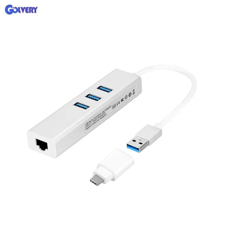 Серебристый 2-в-1 USB-C Gigabit Ethernet адаптер с 3 Порты и разъёмы USB3.0 концентратор Heavy Duty Unibody Алюминий USB сетевой адаптер для MacBook Pro - Цвет: Серебристый