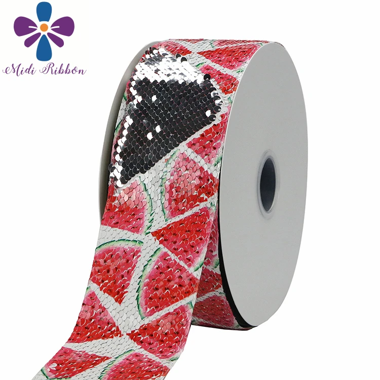

3"75mm Summer Fruits Series Watermelon Printed Double Reversible Silver&Gold Sequin Ribbon DIY Hair Bowknots Party Decor 46yards