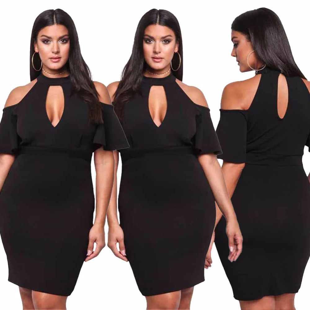 Черный Cold Shoulder Halter Средства ухода за кожей шеи большой Размеры Bodycon платье
