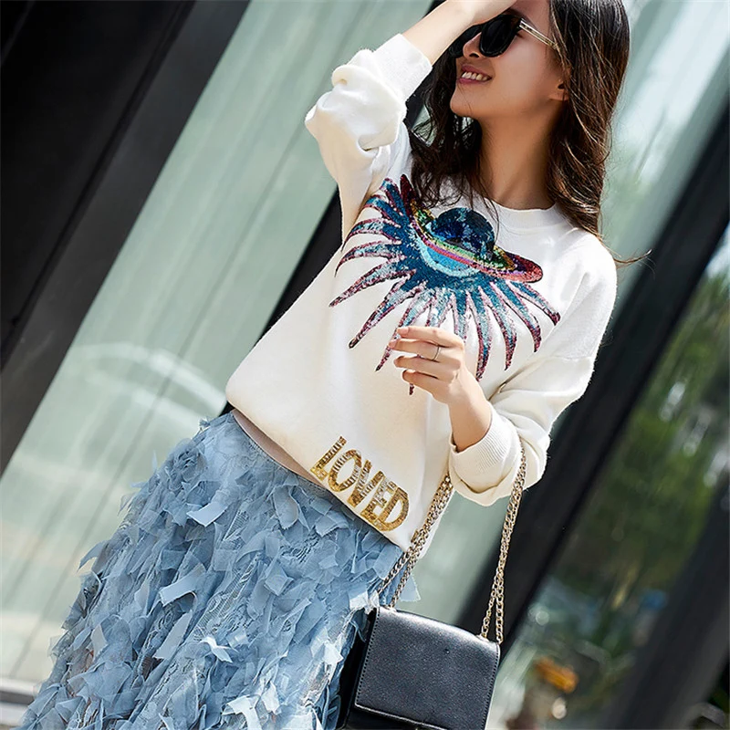 Autumn Winter Knitted Sweater Brand Women Planet Sequins Letter Embroidery Pullovers Female Casual Jumper Tops Pull Femme 2019 | Женская