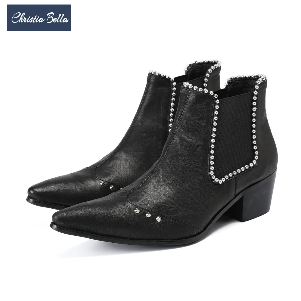 

Christia Bella Winter Fashion Beading Pointed Toe Men Ankle Boots Increase Height Party Dress Boots Genuine Leather Chelsea Boot