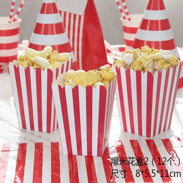 Popcorn box1 12pcs Красная тарелка с полосами, бумажные стаканчики, салфетка, соломенная ложка, нож, одноразовая посуда, наборы для свадьбы, дня рождения, украшения, сувениры - Цвет: Popcorn box1 12pcs