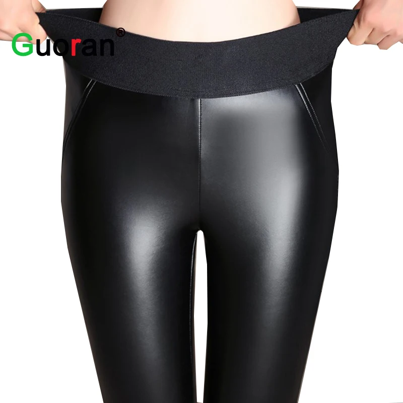 Эластичные женские теплые зимние брюки из искусственной кожи с высокой талией