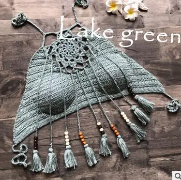 Lake green Вязаный крючком бикини с кисточками на бретельках, тонкие топы, maillot de bain femme, купальный костюм, женский купальник - Цвет: Lake green