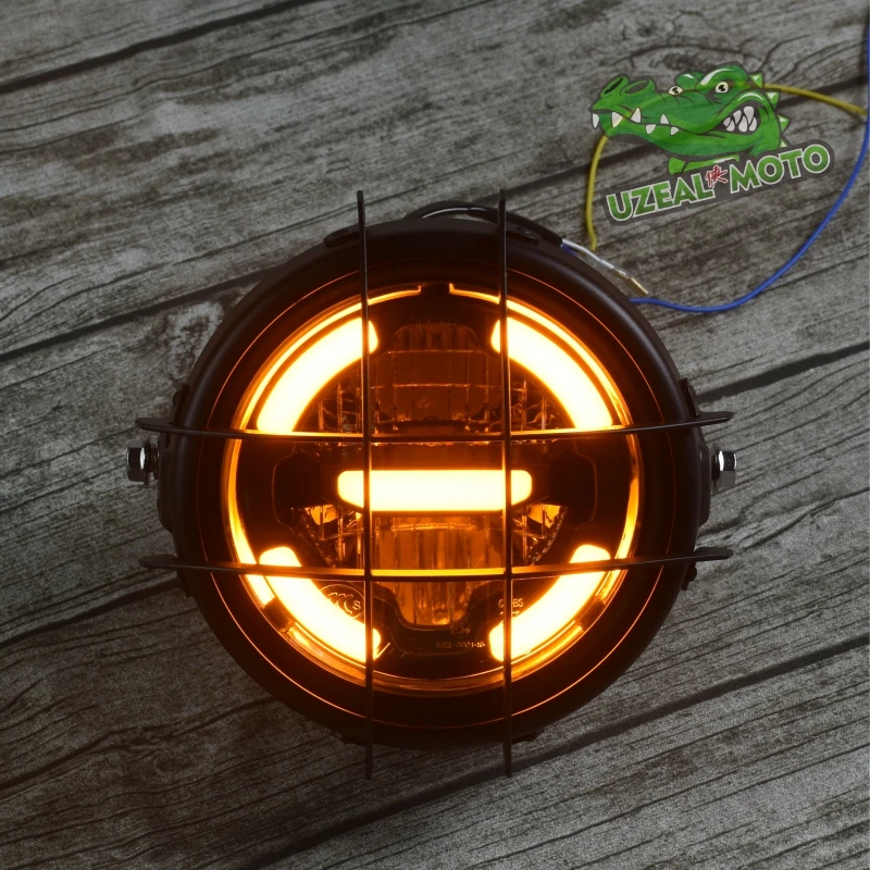 6.5inch universal Retro motorcycle modification LED headlight lamp with Guard Cover yellow driving light GN125 250