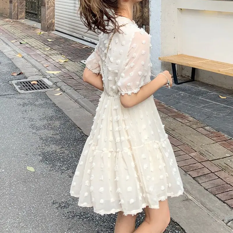 Apricot Short Dress Абрикосовое платье в горошек с бабочкой, женское платье с коротким рукавом, высокая талия, гофрированное длинное платье, летняя мода, новое милое платье для женщин - Цвет: Apricot Short Dress