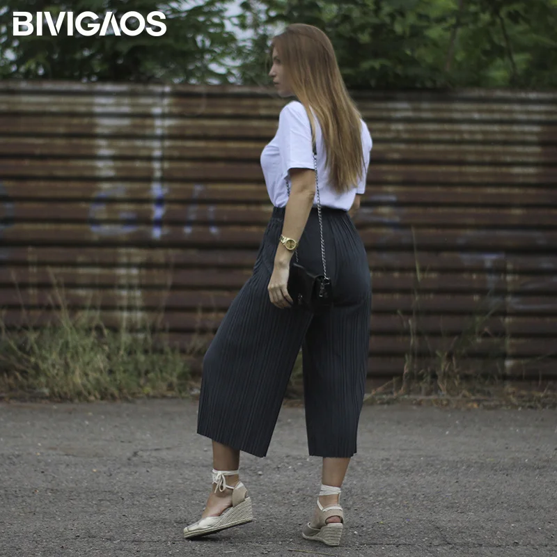 BIVIGAOS Весна Лето Модный Новые с высокой талией плиссированные шифоновые широкие