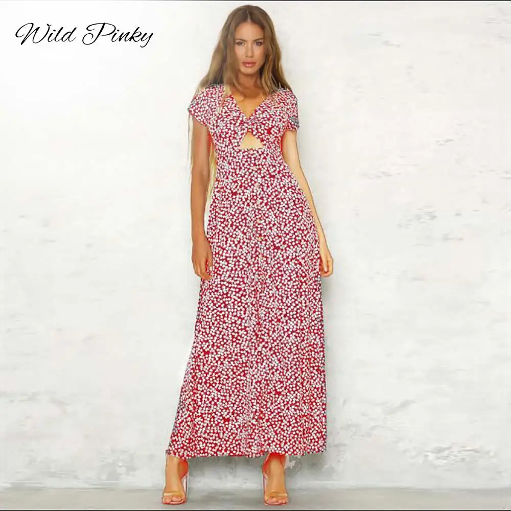 WildPinky Винтаж Новый Цветочный принт платье Для женщин Лето твист Повседневное