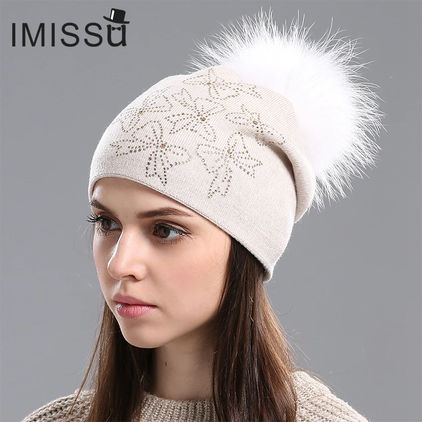 

IMISSU Winter Beanie Hat for Women Knitted Wool Skullies Casual Cap with Real Raccoon Fox Fur Pompom Bonnet Femme Ski Gorros