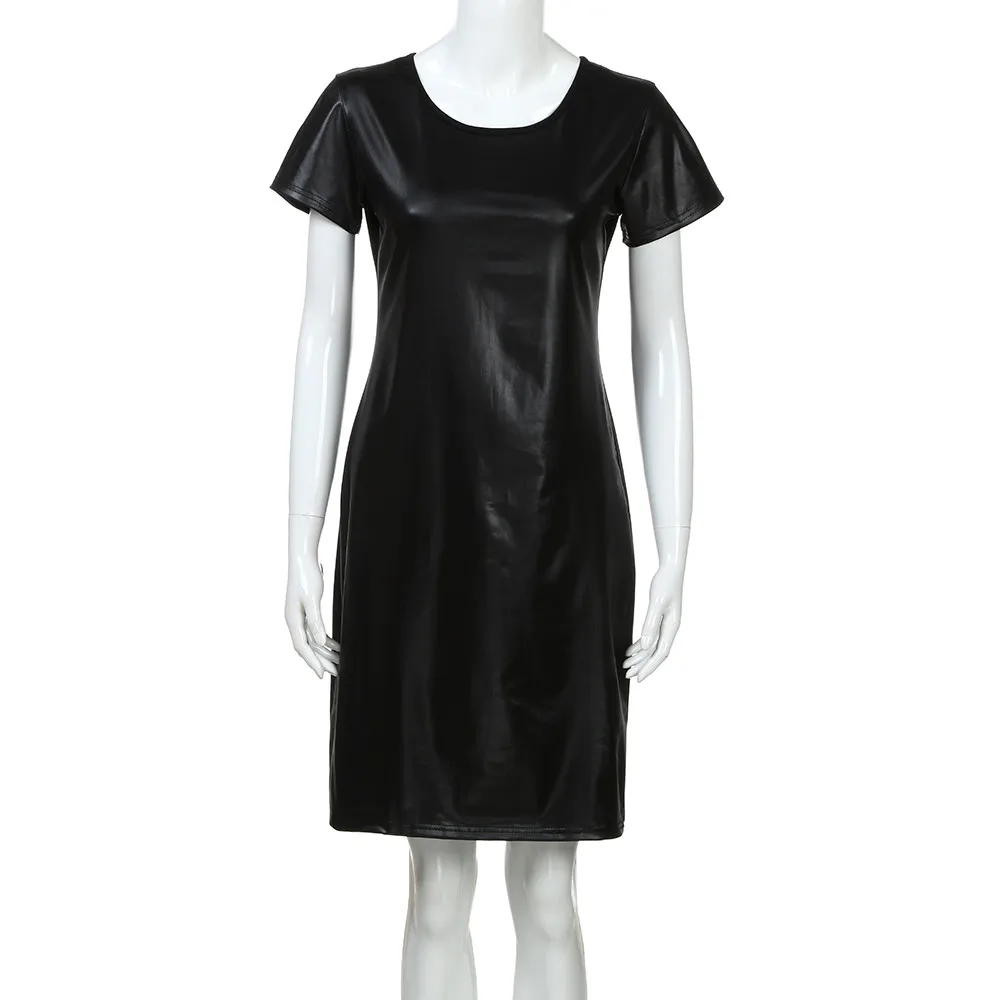 Women Short Sleeve Wet Look Leather Bodycon Midi Sheath Sexy Skinny Dress 2019 New Fashion O-neck Slim Dresses For Ladies Hot | Женская
