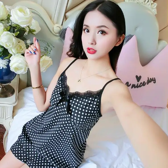 Fdfklak New sexy sleepwear women pajamas faux silk shorts summer pajama set polka dot lace pyjamas girl's pijama mujer | Женская