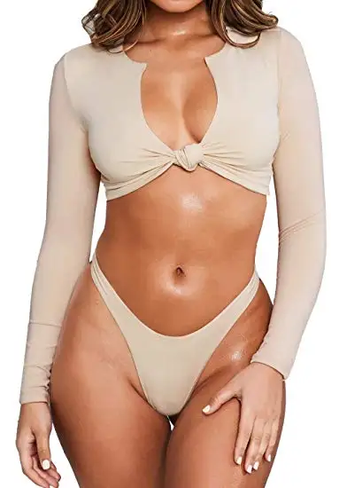 tie beige swimwear MUOLUX, стринги, купальник в африканском стиле, принт, бандаж, размера плюс, Женский танкини, длинный рукав, бикини, набор, высокая талия, купальник - Цвет: tie beige swimwear