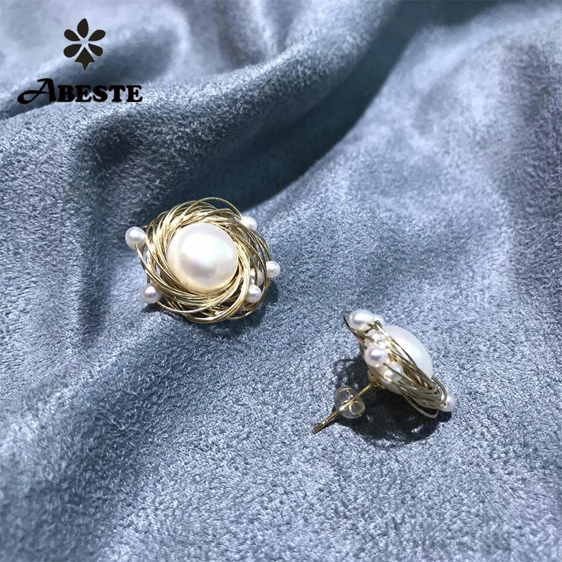 ANI 14K рулонные Золотые женские серьги гвоздики с пресноводным белым жемчугом
