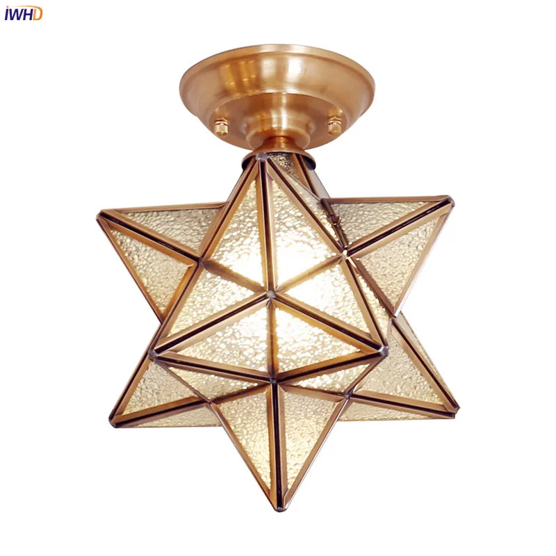 IWHD Star Shape Copper LED Ceiling Lights Fixtures Hallway Balcony Porch Copper Glass Vintage Ceiling Light Lamparas De Techo