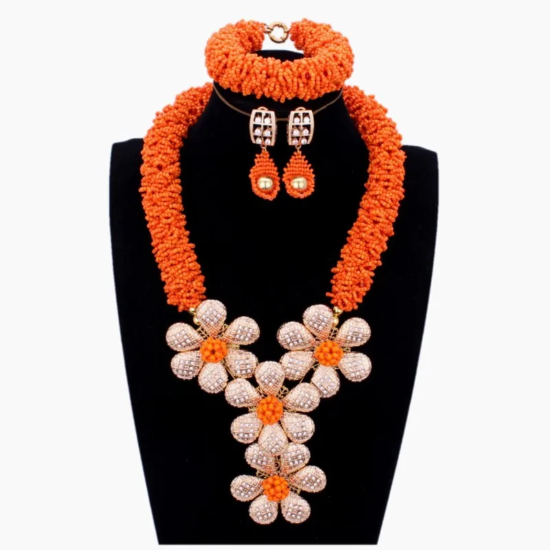 Gorgeous African Wedding Jewelry Set Orange Gold Color Flowers Costume Necklace Sets For Brides Women Gift Free Shipping | Украшения и