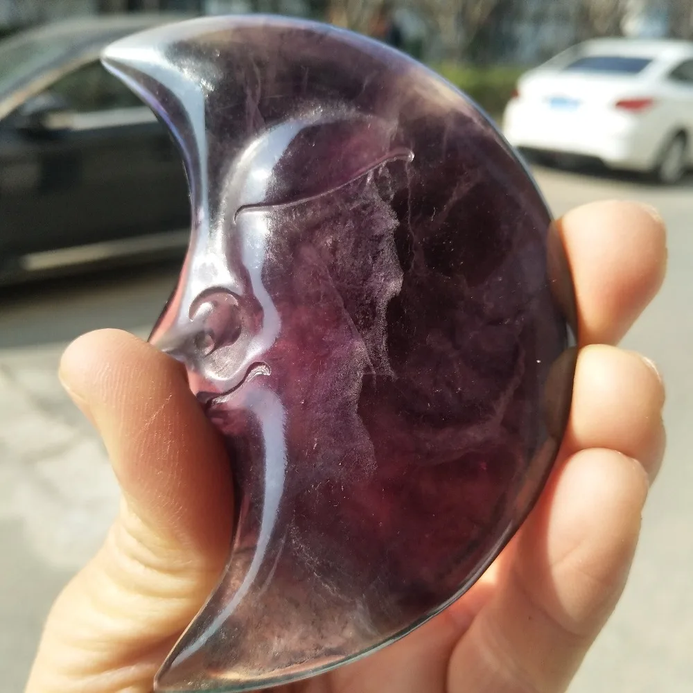 149gnatural rock rainbow fluorite crystal stone carved small smile face moon statue | Stones