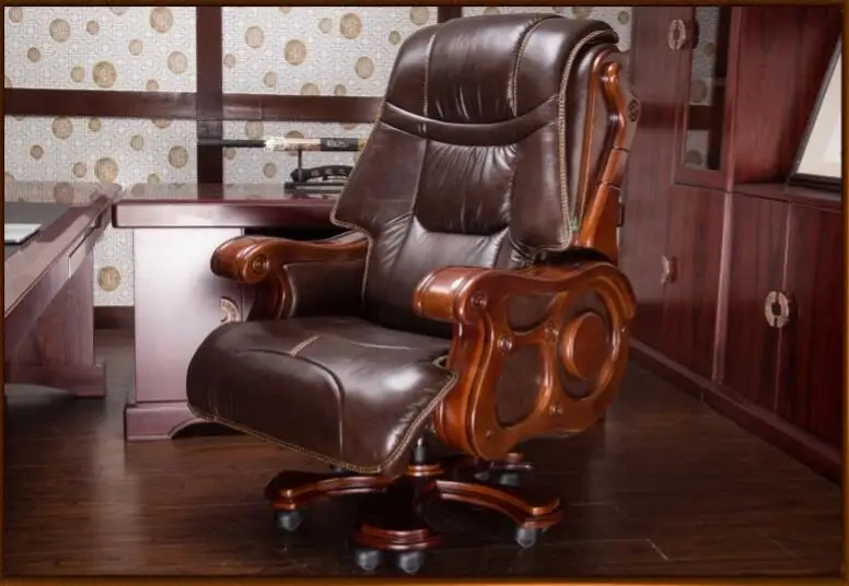 Luxurious solid wood chair office chair computer chair can lie on cowhide massage boss chair. leather computer chair household office chair office stool long sitting chair solid wood boss chair lying massage