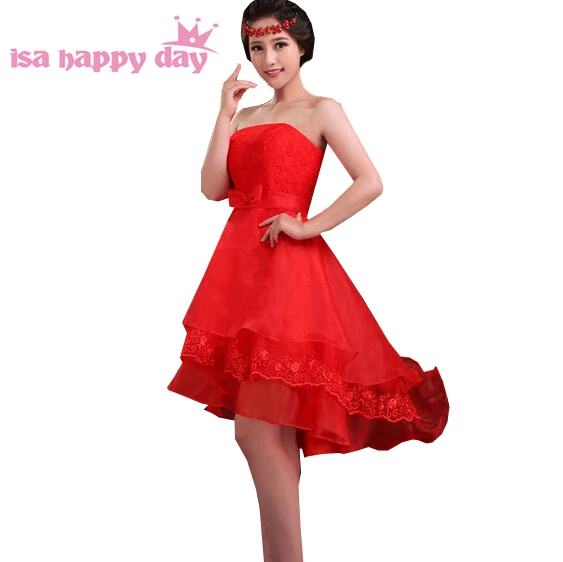 

red strapless lace short front long back off shoulder sleeveless tops body top red high low prom dress puffy dresses 2020 H1259