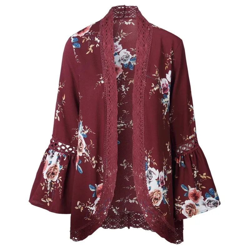 Шифоновая кружевная рубашка в стиле пэчворк с цветочным принтом блузка длинными