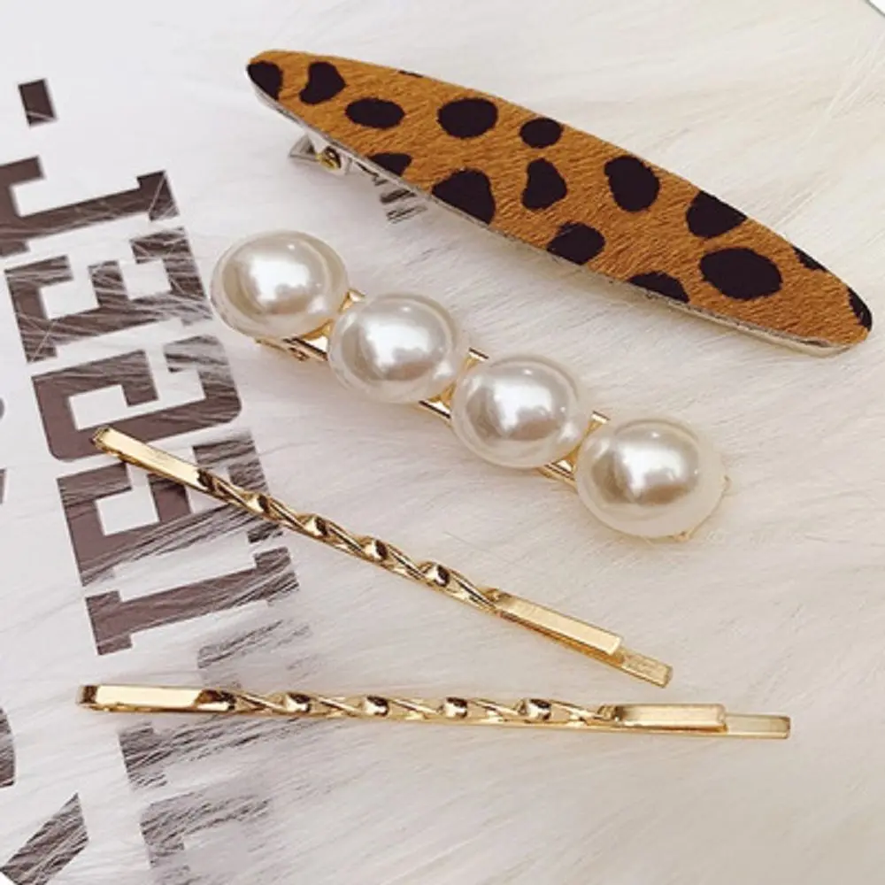 

4Pcs Fashion Metal Imitiation Pearl Hair Clips for Women Hair Accessories Leopard Hairpins For Women Girls Gift