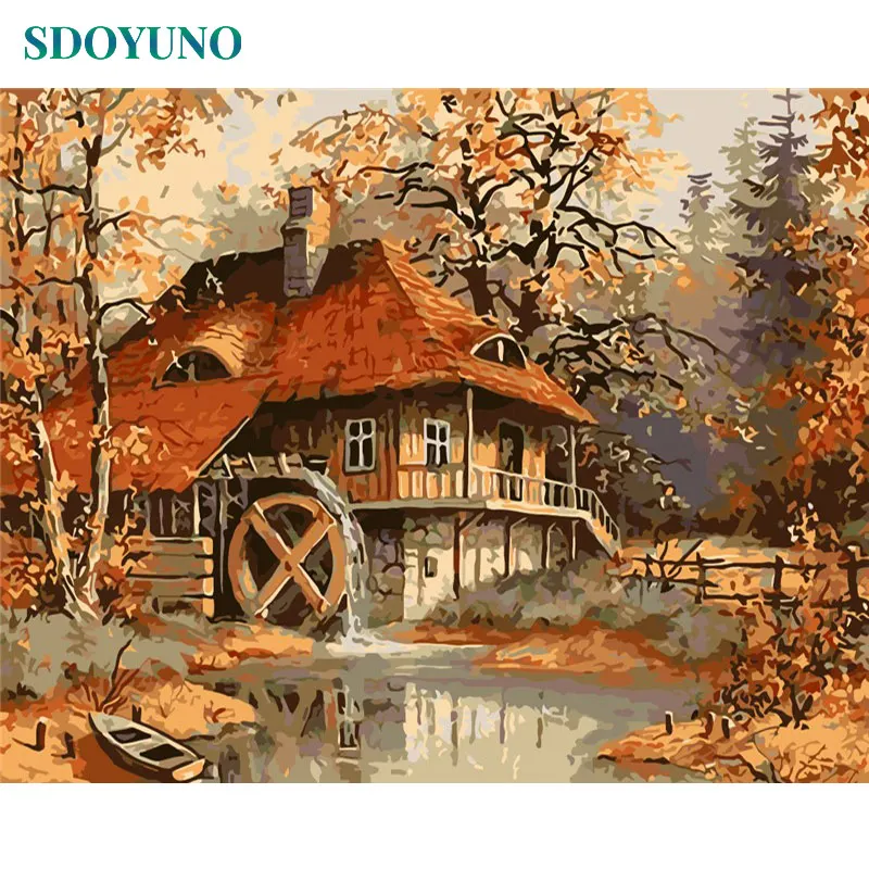 SDOYUNO картина маслом по номерам природа пейзаж осенний домик 60x75 см DIY Безрамная картина по цифрам картины по номерам раскраска по номерам декор для дома рисование по номерам - Цвет: 1671