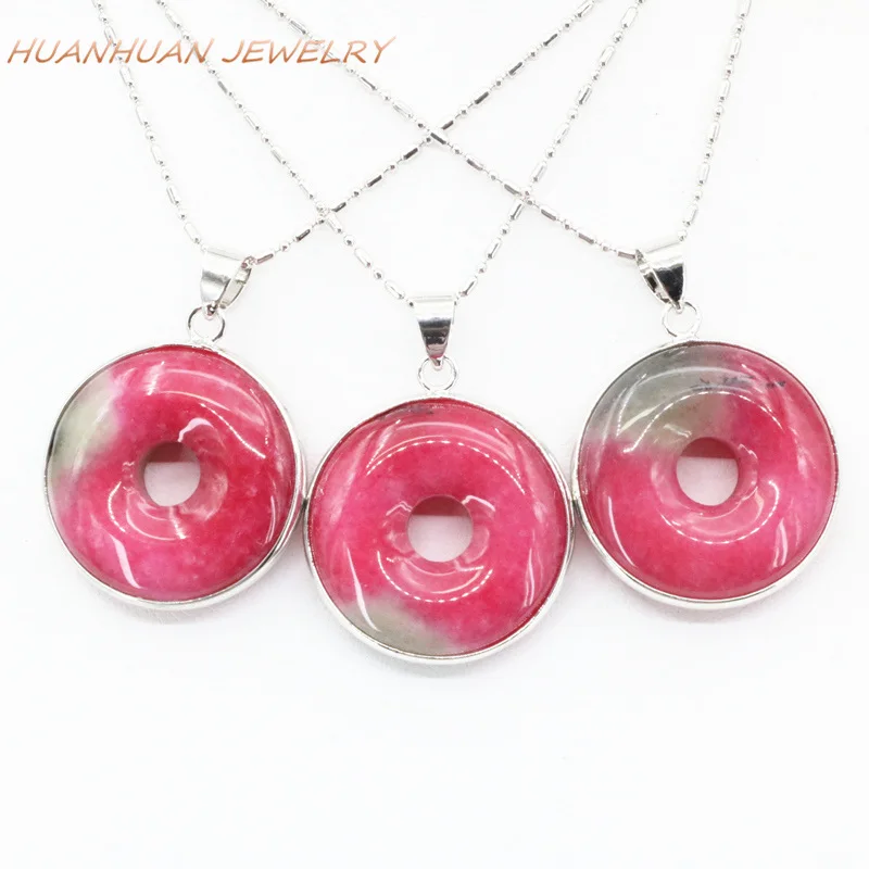 Камень кулон из нержавеющей стали цепи красные нефриты плоский круглый круг