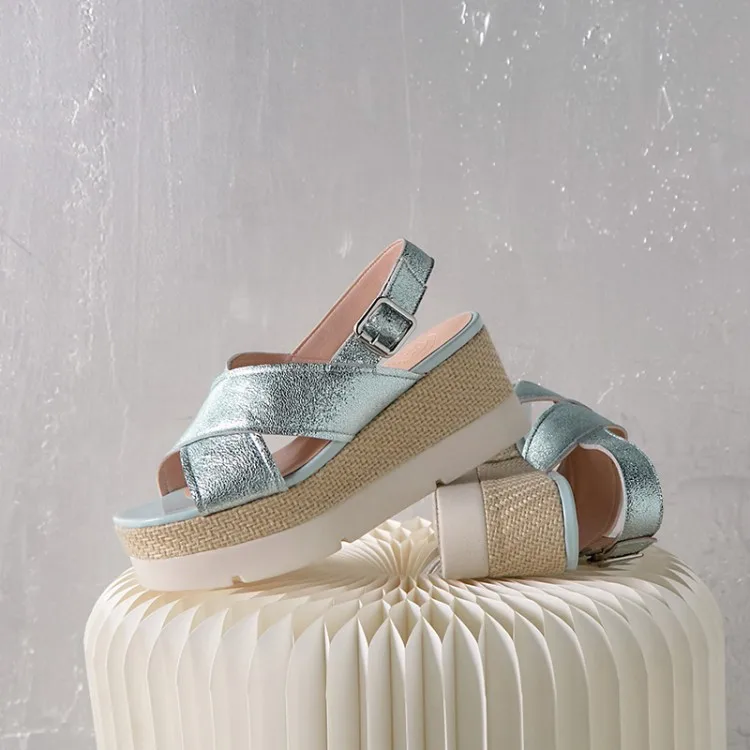 Женские сандалии из овечьей кожи GPOKHDS синие на танкетке с открытым носком и